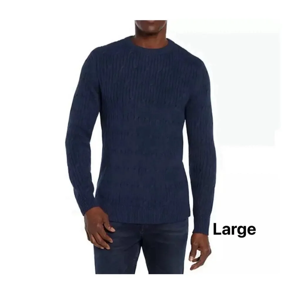 Express Men's Braided Cable Knit Sweater Long Sleeves‎ Crew Neck Pageant Blue, L